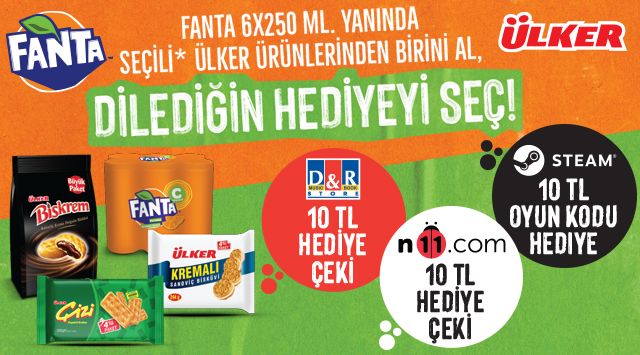 Fanta 6x250 ML ve Biskrem veya Çizi 4’lü paket veya Ülker Kremalı Sandviç Bisküvi Alışverişinize D&R , STEAM VEYA N11 HEDİYE ÇEKİ kampanyası