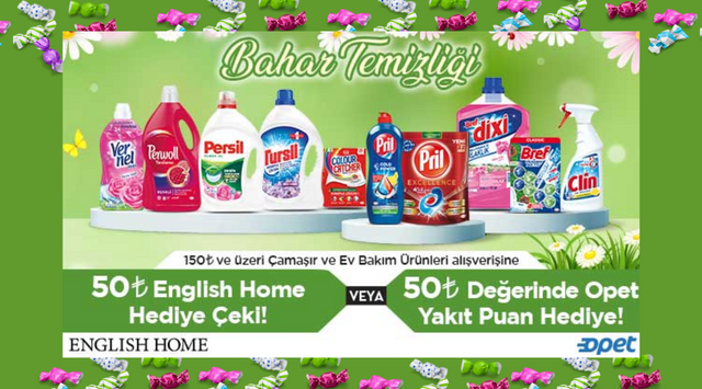 150 TL ve Üzeri Henkel Çamaşır ve Ev Bakım Alışverişinize 50 TL OPET YAKIT PUAN VEYA ENGLİSH HOME HEDİYE ÇEKİ kampanyası