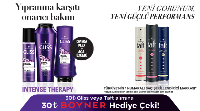 30 TL ve üzeri Gliss veya Taft Alışverişinize 30 TL BOYNER HEDİYE ÇEKİ kampanyası