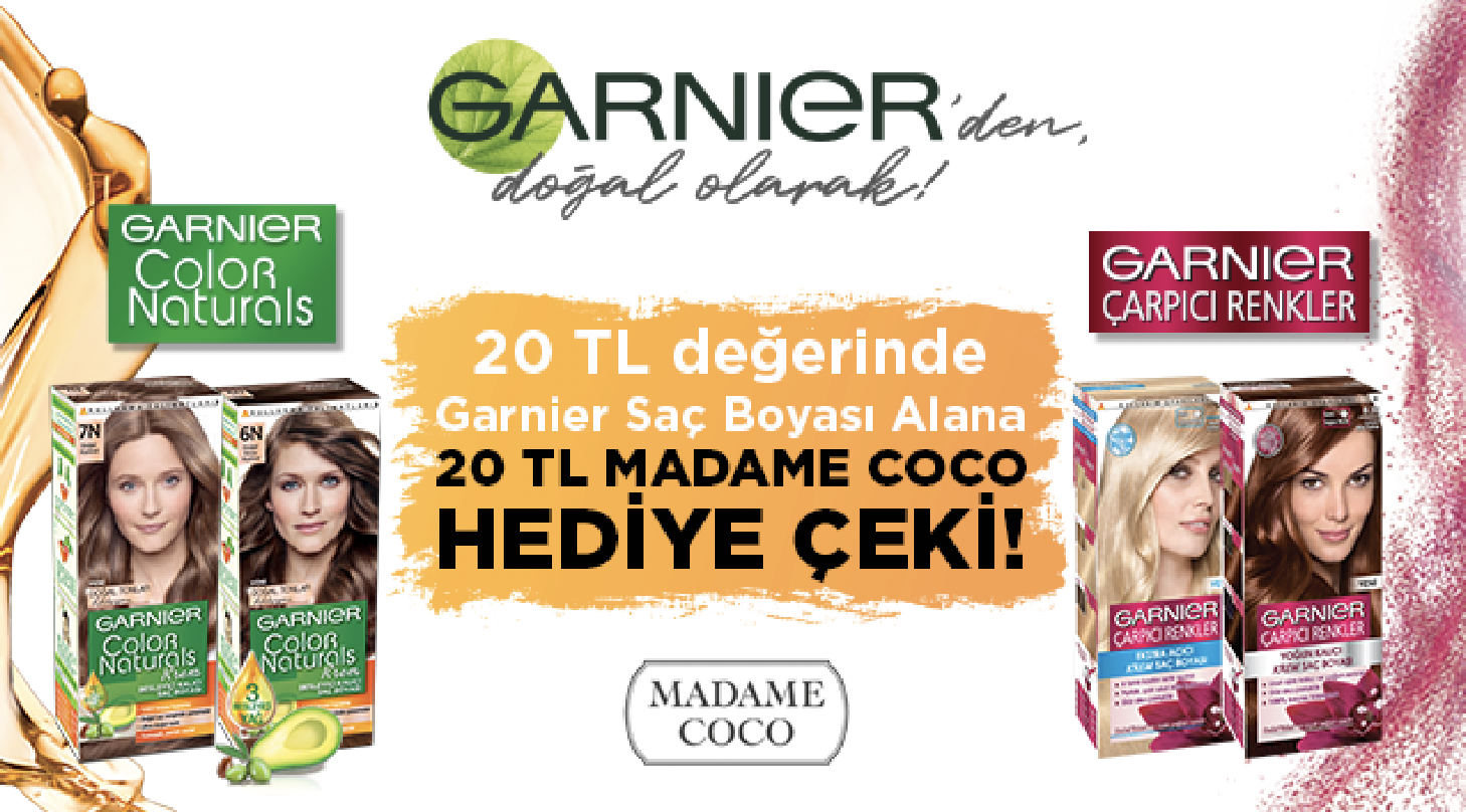 20 TL ve Üzeri Garnier Saç Boyası Alışverişinize 20 TL MADAMECOCO HEDİYE ÇEKİ kampanyası