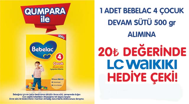 1 Adet Bebelac Devam Sütü Alışverişinize 20 TL LC WAİKİKİ HEDİYE ÇEKİ kampanyası
