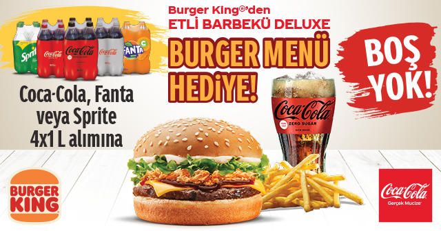 1 Adet 4X1 Coca-Cola Alışverişine ETLİ BARBEKÜ DELUXE MENÜ HEDİYE kampanyası
