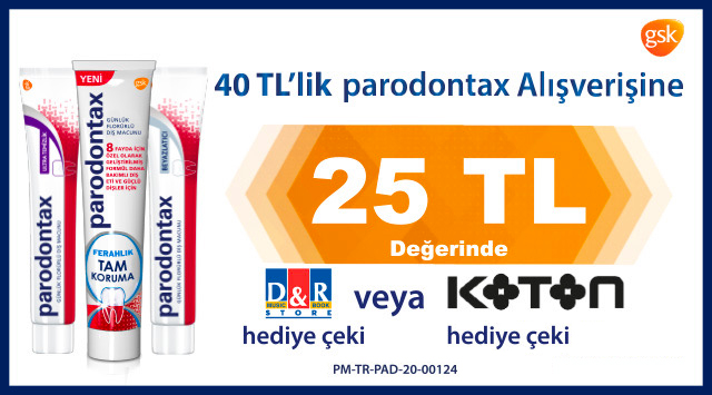 40 TL ve Üzeri Parodontax Alışverişinize D&R VEYA KOTON HEDİYE ÇEKİ kampanyası