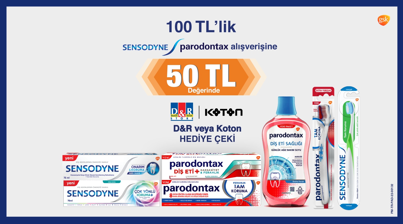Parodontax ve/veya Sensodyne Alışverişinize 50 TL D&R VEYA KOTON HEDİYE ÇEKİ kampanyası