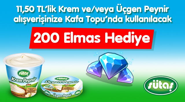 11,5 TL ve Üzeri Sütaş Alışverişinize KAFA TOPU 200 ELMAS kampanyası