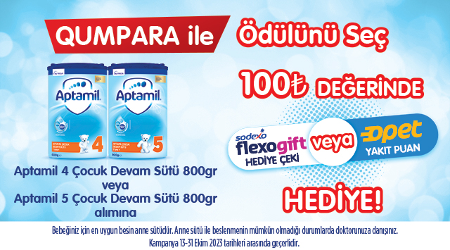 Aptamil Çocuk Devam Sütü Alışverişinize 100 TL OPET YAKIT PUAN VEYA SODEXO FLEXO GİFT kampanyası