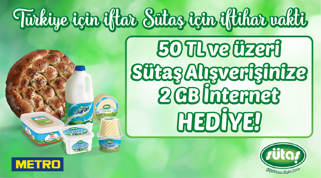 50 TL ve Üzeri Sütaş Alışverişine 2 GB İNTERNET PAKETİ kampanyası