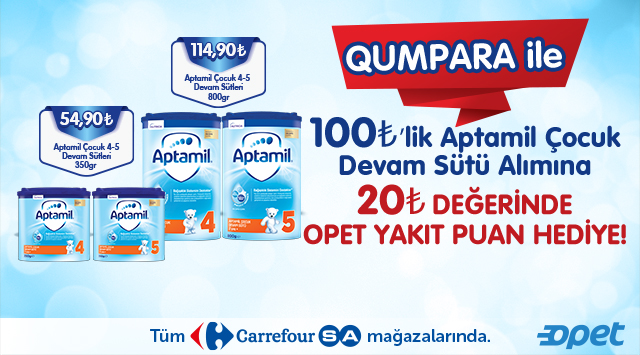 100 TL ve Üzeri Aptamil Çocuk Devam Sütü Alışverişinize 20 TL OPET YAKIT PUAN kampanyası
