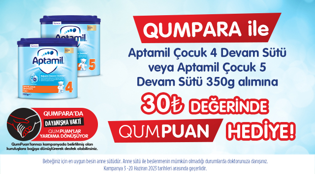 Aptamil Çocuk Devam Sütü Alışverişinize 30 TL QUMPUAN kampanyası