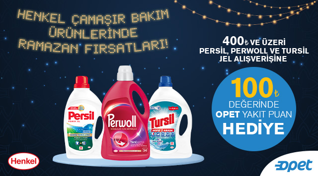 400 TL ve üzeri Perwoll, Persil Jel ve Tursil Jel Alışverişinize 100 TL OPET YAKIT PUAN kampanyası