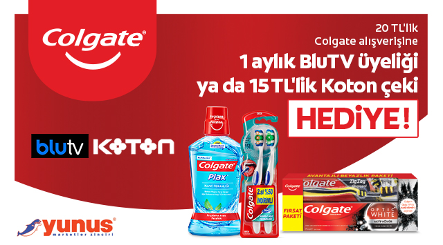 20 TL ve Üzeri Colgate Ağız Bakım Alışverişinize 15 TL KOTON VEYA 1 AYLIK BLUTV kampanyası