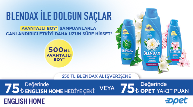 250 TL ve üzeri Blendax Alışverişinize 75 TL ENGLİSH HOME VEYA OPET YAKIT PUAN kampanyası