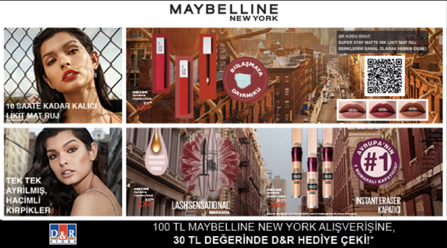 100 TL ve Üzeri Maybelline Alışverişinize 30 TL D&R HEDİYE ÇEKİ kampanyası