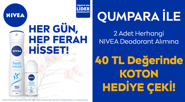 2 Adet Nivea Deodorant Alışverişinize 40 TL KOTON HEDİYE ÇEKİ kampanyası