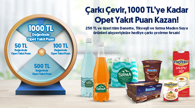 250 TL ve üzeri Danette, Tikveşli ve Sırma Maden Suyu Alışverişinize kampanyası