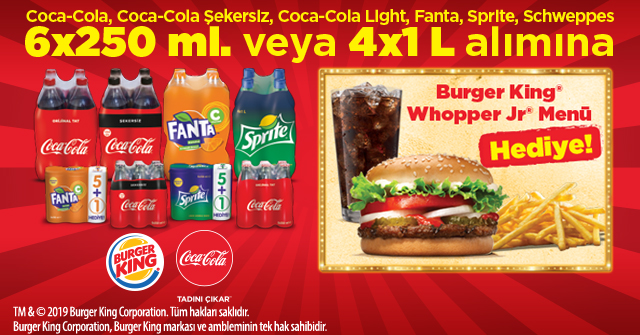 1 Adet 4X1 Litre Coca-Cola Alışverişine BURGER KİNG WHOOPER JR. MENÜ kampanyası