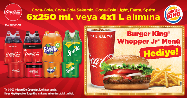 1 Adet 4X1 veya 6X250 Coca-Cola Alışverişine BURGER KİNG WHOOPER JR. MENÜ kampanyası