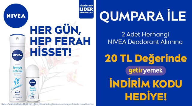 2 Adet Nivea Deodorant Alışverişinize 20 TL GETİR YEMEK HEDİYE ÇEKİ kampanyası